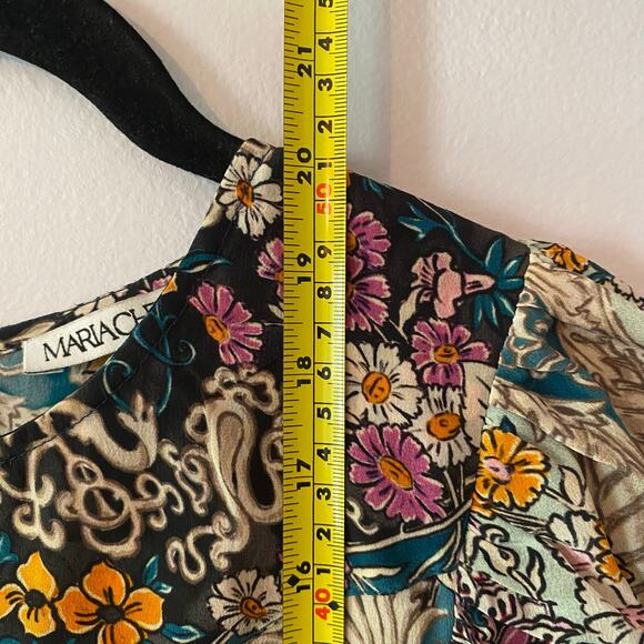 Maria Cher. Blue Purple Floral Abstract Blouse Rouched Cropped Silk size Large - Picture 10 of 12